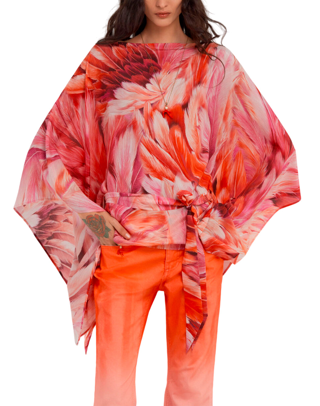 "Roberto Cavalli KAFTANO CON STAMPA "PLUMAGE" Rosa"