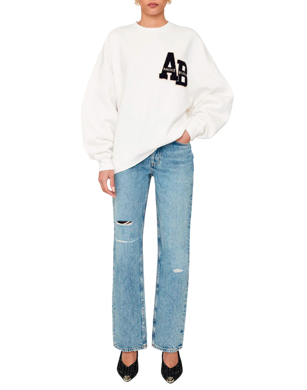 "Anine Bing FELPA "MILES LETTERMAN" Bianco"
