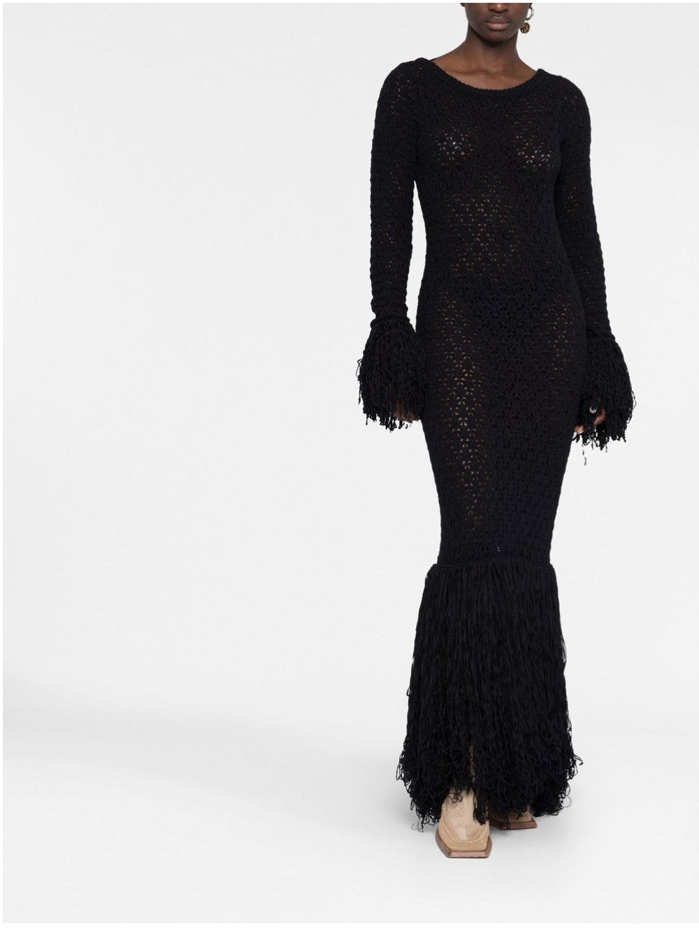 Rotate LONG KNITTED DRESS WITH FRINGES Black
