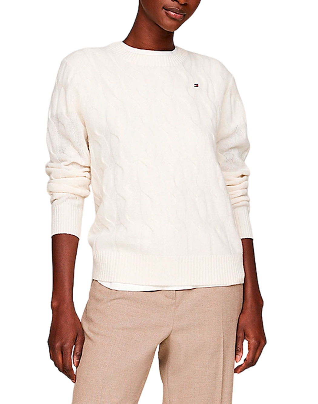 Tommy Hilfiger MAGLIONE GIROCOLLO CON LOGO RICAMATO Bianco
