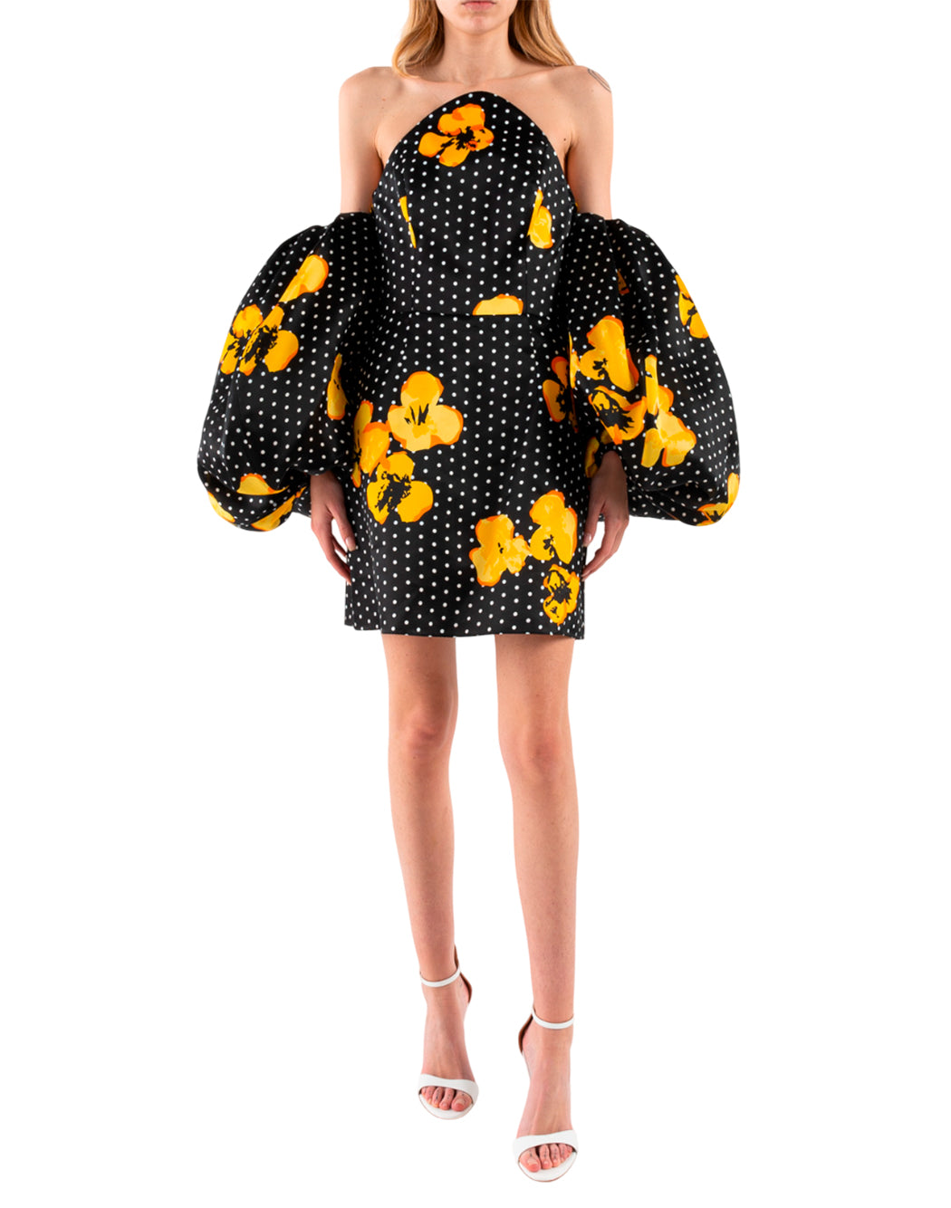 Carolina Herrera MINIABITO A POIS FLOREALE CON MANICHE A PALLONCINO Nero