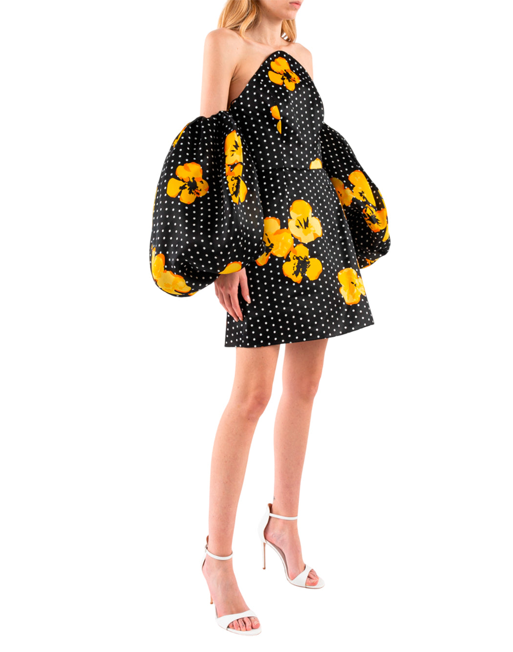 Carolina Herrera MINIABITO A POIS FLOREALE CON MANICHE A PALLONCINO Nero