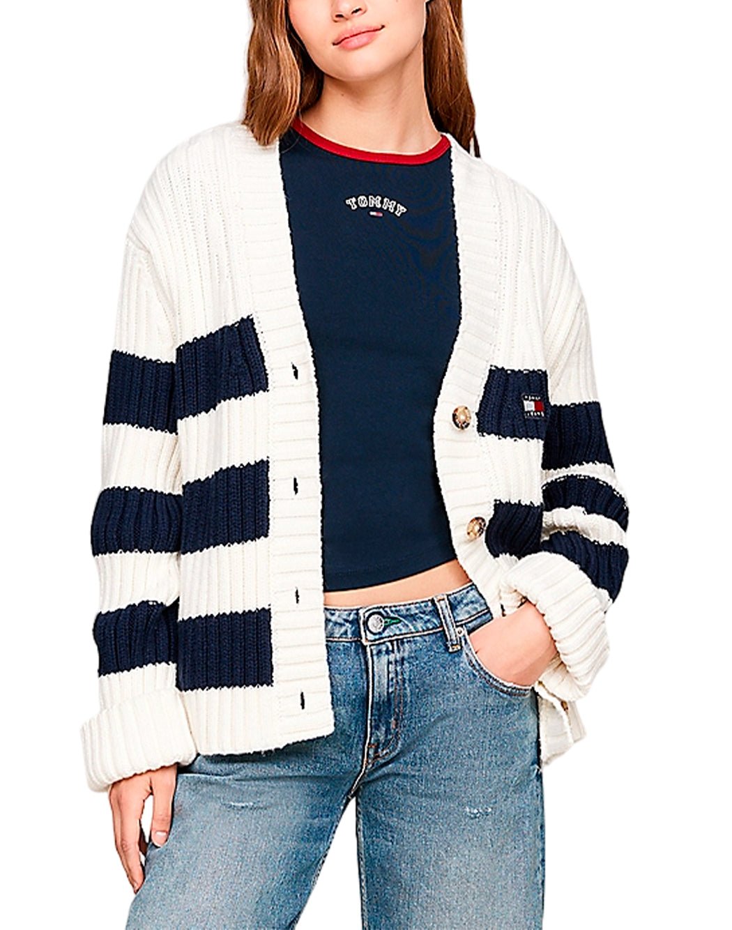 CARDIGAN A RIGHE CON LOGO RICAMATO - Galleria Graffiti - TOMMY HILFIGER JEANS - 