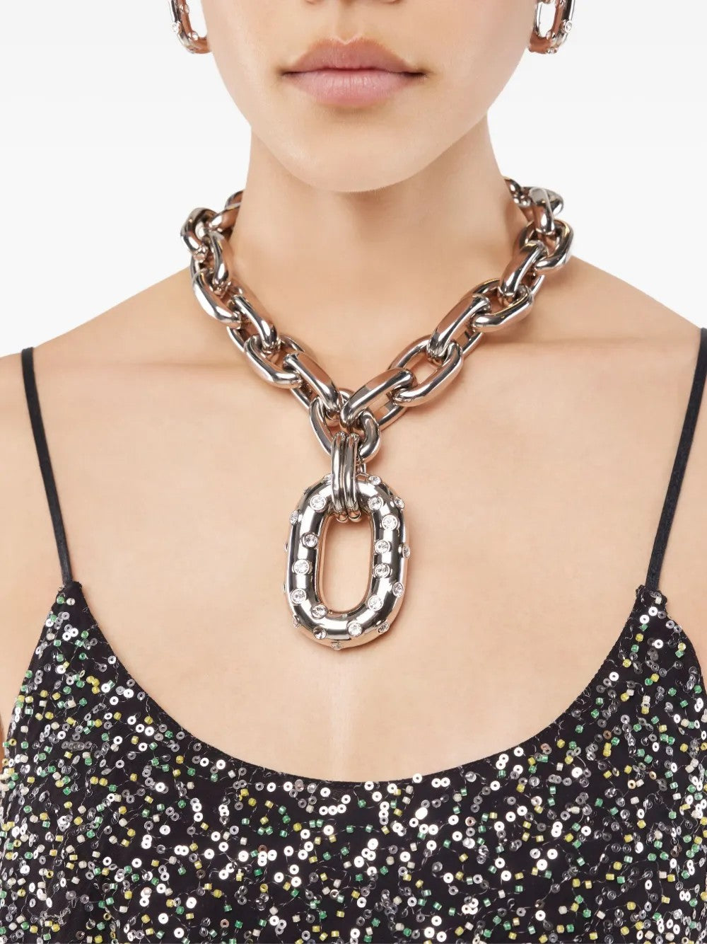 Rabanne COLLANA CON STRASS A MAGLIE XL Argento